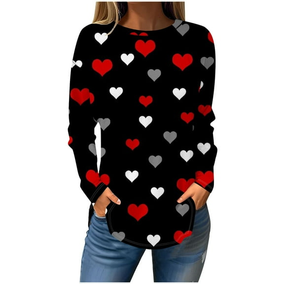 YUNAFFT Wowomen's Fashion Heart Printed Loose T-shirt Long Sleeves Blouse Round Neck Casual Tops Sweatshirt St. Parik's Day