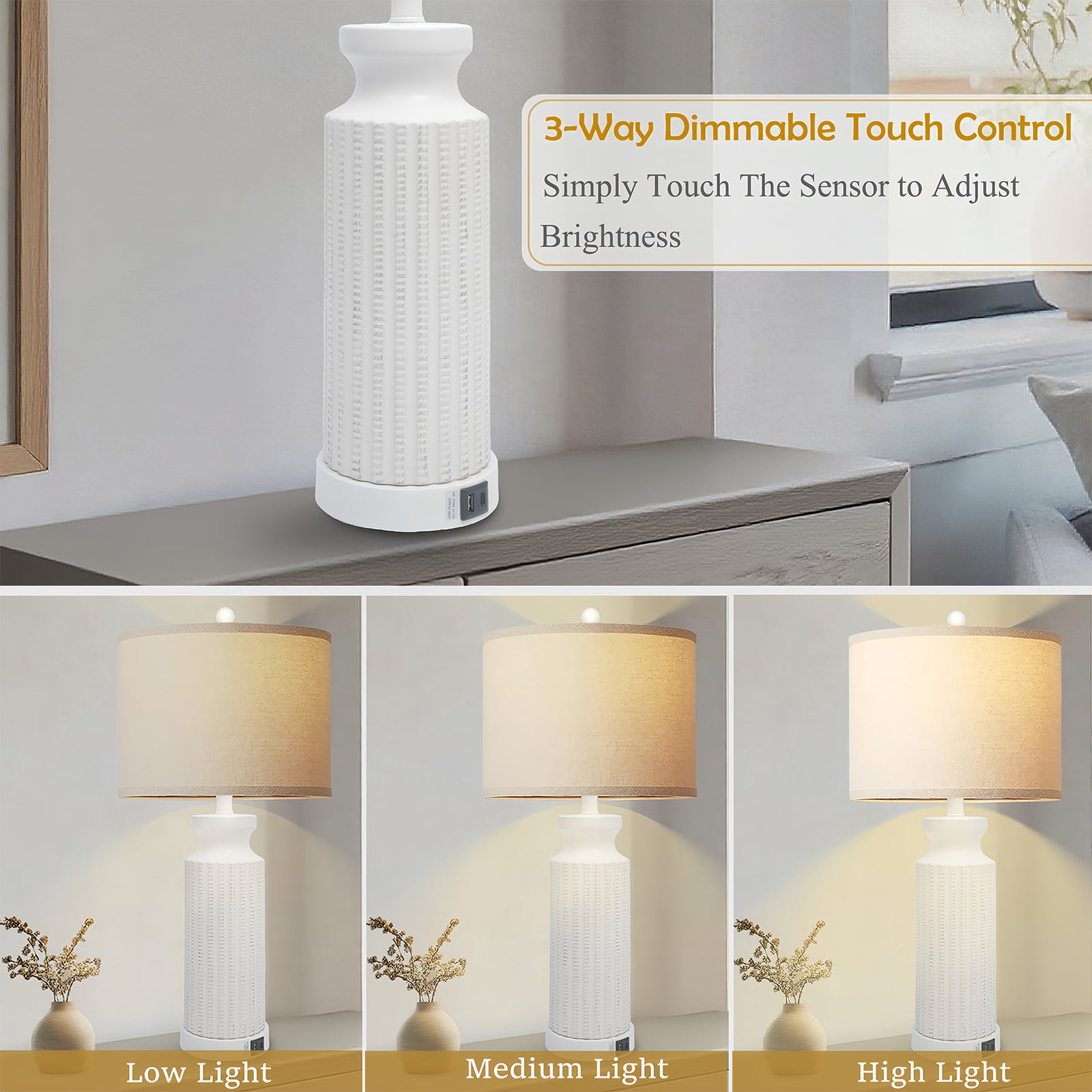 Tnuyoah Modern 28" Table Lamps Set of 2 with USB C+A Ports - 3-Way Dimmable Bedside Touch Control Lamp, Farmhouse Lamp with Beige Linen Shade for Bedroom, Living Room & Home Office