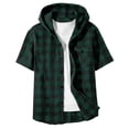thumbnail image 5 of CAICJ98 Boys Girls Short Sleeve Button-up Shirt with Hood Unisex Kids Cotton Plaid Hoodie Flannel Fall Shirts (Green,10-11 Years), 5 of 5