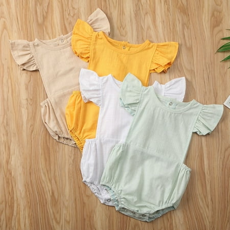 

Little Baby Girl Romper Solid Color Button Opening and Closing Elastic Crew Neck Ruffle Sleeve Outfits Set