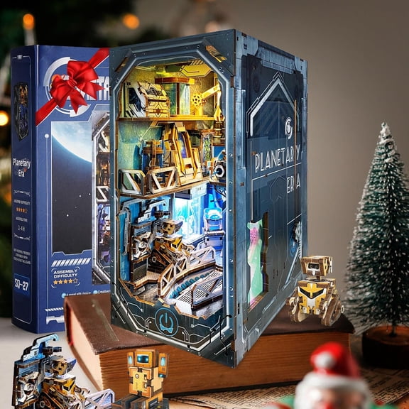 Book Nook Kit for Adults, Miniature Booknook Kit with Led Light & Dust Baffle, 3D Wooden Bookshelf Puzzle Booknook Insert Decor Crafts for Adults Teen Gifts (Planetary ERA)