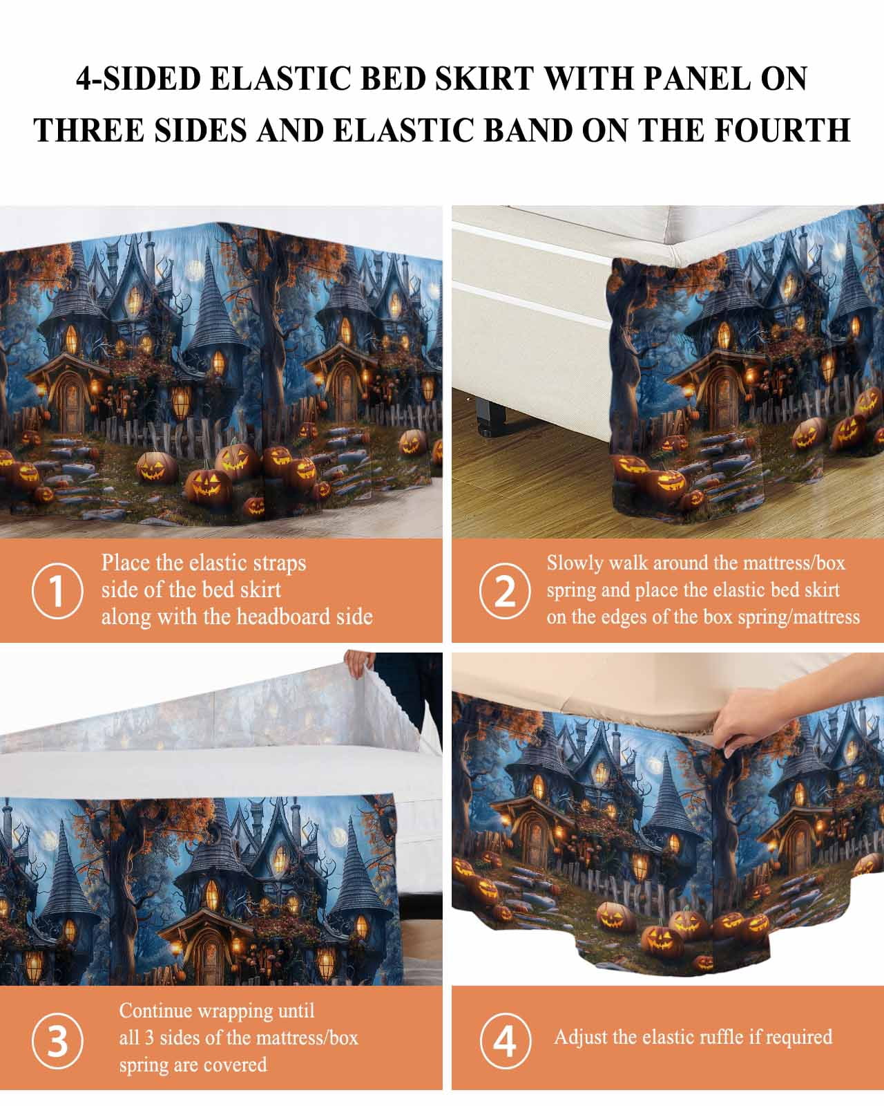 Halloween Mysterious Bed Skirt Forest Pumpkin Castle Bed Skirts King Size 16 Inch Drop, Wrap Around Dust Ruffle&nbsp;Bedskirt with Adjustable Elastic Belt for Queen Size Beds