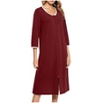 thumbnail image 5 of DHFJKG Nightgowns For Women 3/4 Sleeve Comfortable Loungewear Midi Sleep Dress Front Zipper Crewneck Loose Fit Tunic With Pockets Trendy Home Clothes, 5 of 5