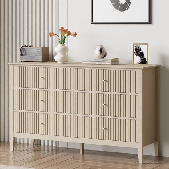 RoyalCraft Beige 6 Drawer Dresser, Fluted Modern Wood Chest of Drawers, Long Dresser for Bedroom TV Stand Storage Cabinet for Living Room