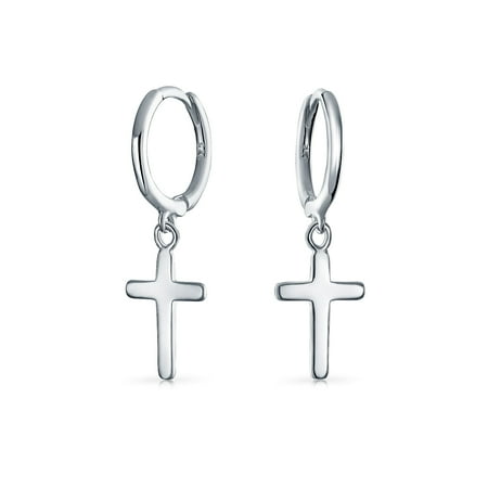 Small Sterling Hoop Earrings Dangling Charm Cross Religious Small Hoop Kpop Huggie Earrings For Men For Women 925 Sterling Silver ()
