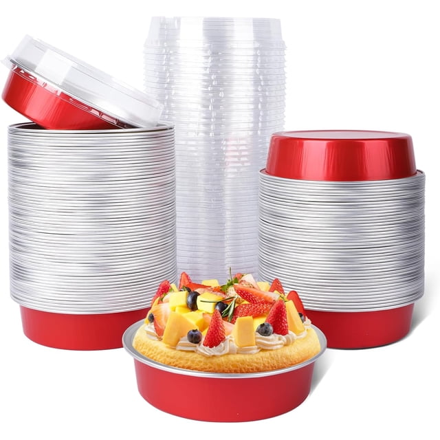 Mini Ramekins with Lids oz Disposable Aluminum Foil Cake Baking Tins Pans Creme Brulee Tart Pie Tins Silver Small Individual Round Containers Oven for Baking