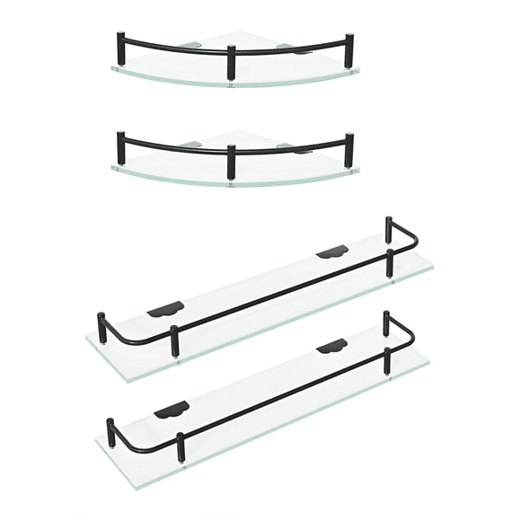 Paquete 2 Repisas Esquineras 2 Rectas Cristal Ac-038 Vidrio Cristalino Malubero Negro