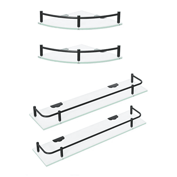 Paquete 2 Repisas Esquineras 2 Rectas Cristal Ac-038 Vidrio Cristalino Malubero Negro