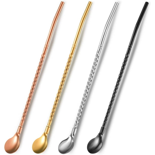 Cpdd 4 Pieces Stainless Steel Spoon Straw 8.7 Inch Tea Spoon With Straw Reusable Bar Spoon Straw For Drinking, Mixing And Stirring (Silver, Gold, Rose