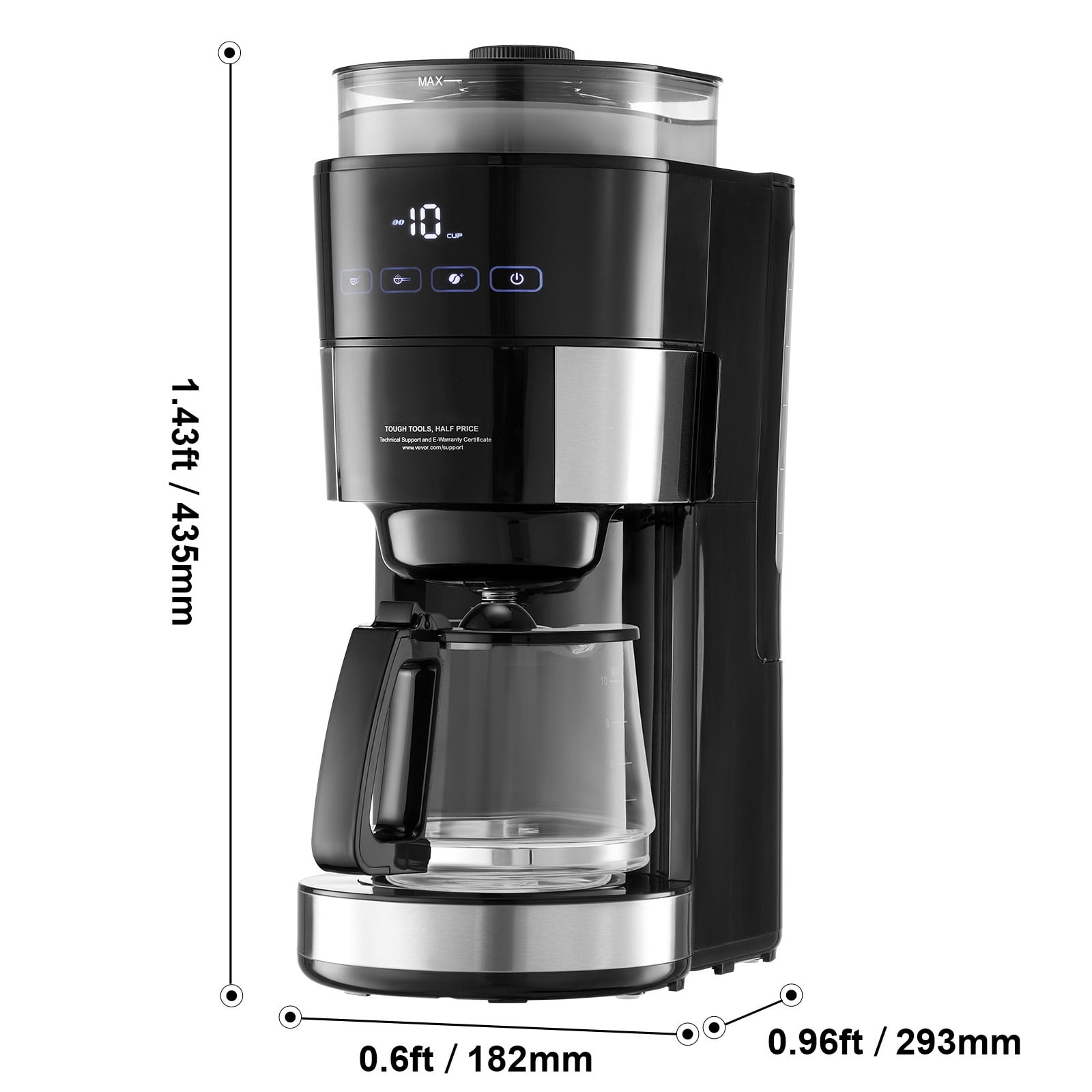 KFFKFF 10 Cup Coffee Maker with Grinder Grind and Brew Coffee Maker with 3 Brew Strength Control 24-Hour Timer for Auto Brew with Adjustable Grinding Coarseness