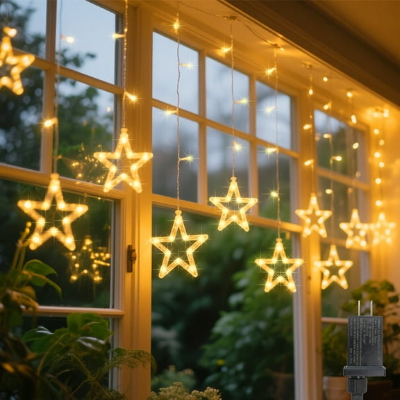LAMPHOME 135LED Star Curtain String Lights, 10 Drops11 Modes Christmas Window Decorations, Warm White Holiday Lights for Backdrop, Wedding, Patio, Christmas Decorations