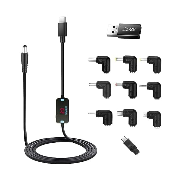 wonima11 USB C to DC Adapter,Barrel PD Trigger Cable(3.3ft) with 10 Connector Tips,USB to DC Power Cable can Switch Voltage by Pressing The Key,Support LED Display Voltage