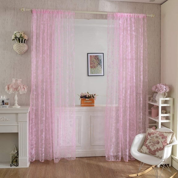 XmhyTop 2Pcs Butterfly Flocking Voile Tulle Sheer Curtain Window Panel Drape 39.4x78.8 - Pink
