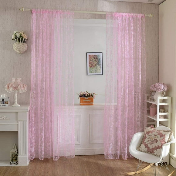 Nvzi 2Pcs Butterfly Flocking Voile Tulle Sheer Curtain Window Panel Drape 39.4x78.8 - Pink