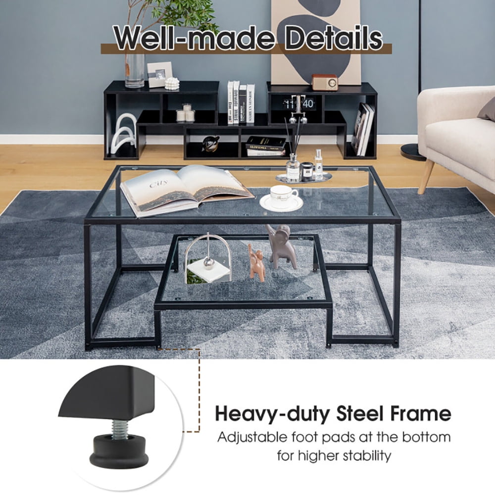 Finihen Glass Coffee Table, Rectangular Coffee Table, Modern 2-Tier Rectangular Coffee Table with Glass Table Top, for Living Room, Reception Room, Black Finihen Glass Coffee Table, Rectangular Coffee Table, Modern 2-Tier Rectangular Coffee Table with Glass Table Top, for Living Room, Reception Room, Black