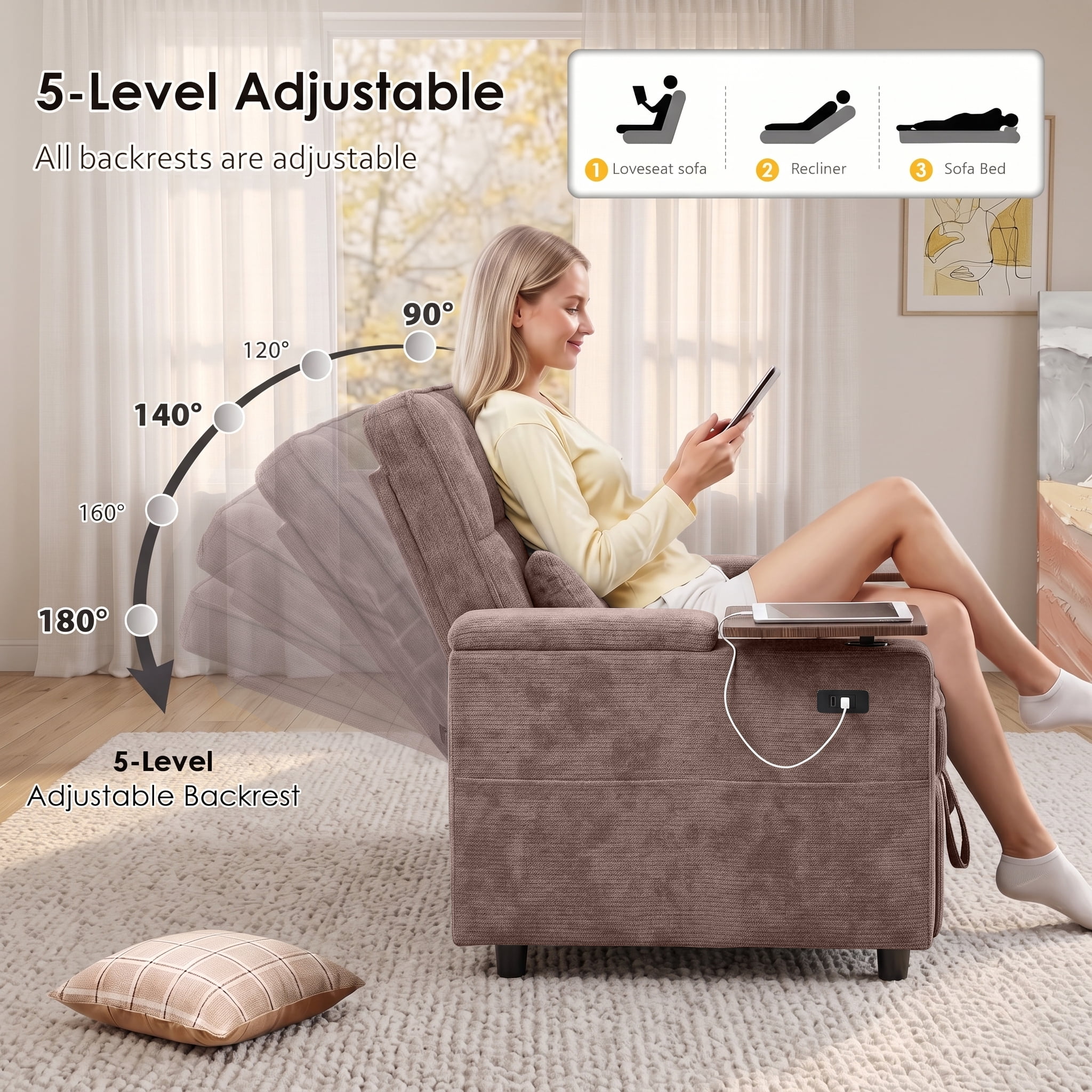 Xiweot 65" Sleeper Sofa Bed, 3-in-1 Convertible Chenille Futon Couch, Loveseat Sofa with Adjustable Backrest, Pull out Couch with Storage Armrest, Table & Pillows for Living Room Apartment (Brown)