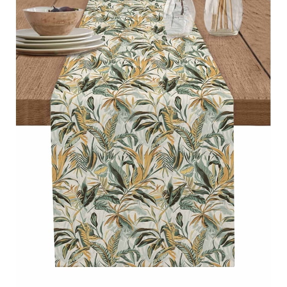 ERUNPONLY Summer Palm Table Runner - 70 Inch Long Vintage Tropical Botanical Leaves Cotton and Linen Blended Dress Scarves Farmhouse Table Runner for Kitchen Dining, Coffee Table, 13"x70"