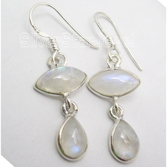 SilverStarJewel 925 Sterling Silver Unseen Rainbow Moonstone 2 Gem Low Shipping Earrings 1.6"