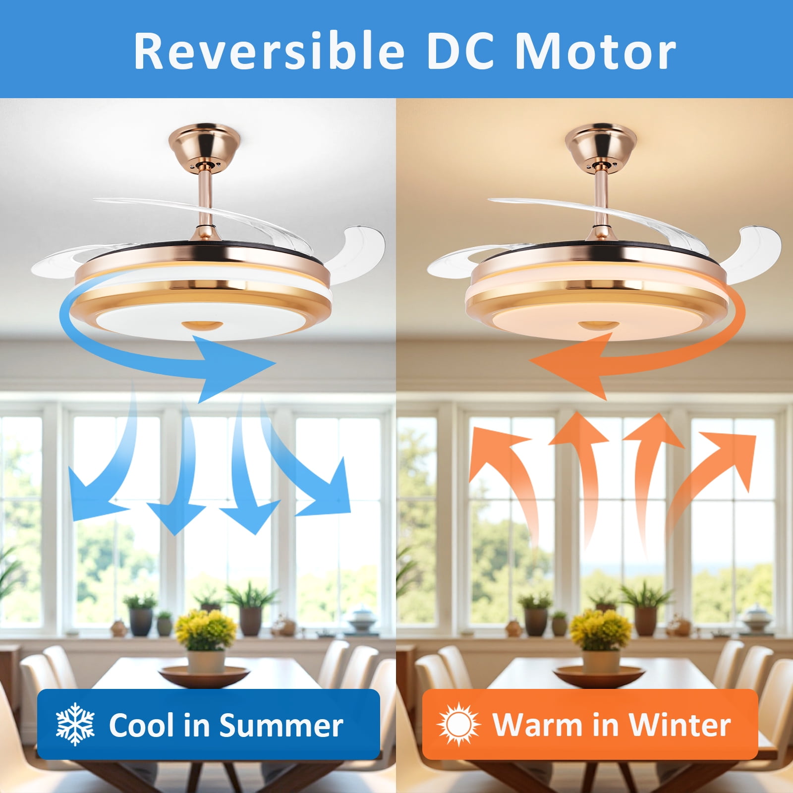 Smart Retractable Ceiling Fan with Light, 42 Inch Fandelier Remote Control, 3 Color Temperature Dimmable LED, 6 Speed Quiet Reversible DC Motor for Bedroom Living Room Kitchen