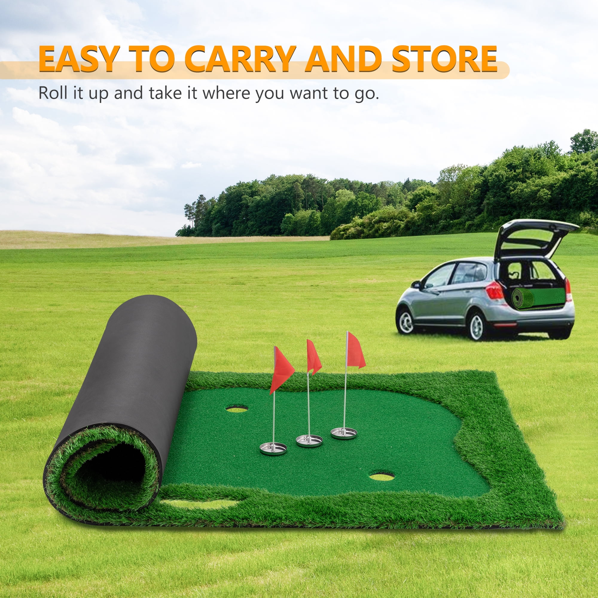 EUROCO 10x5FT Golf Putting Green, Indoor/Outdoor Golf Training Mat, Professional Golfing Practice with 3 Holes, 3 Flags and Cup