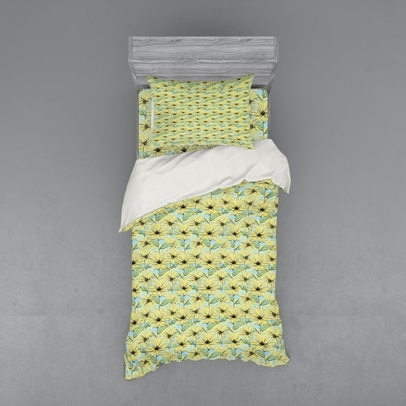 Ambesonne Floral Bedding Set 3 Pcs, Echinacea Innocent Sketch, Twin, Pastel Yellow Pale Blue