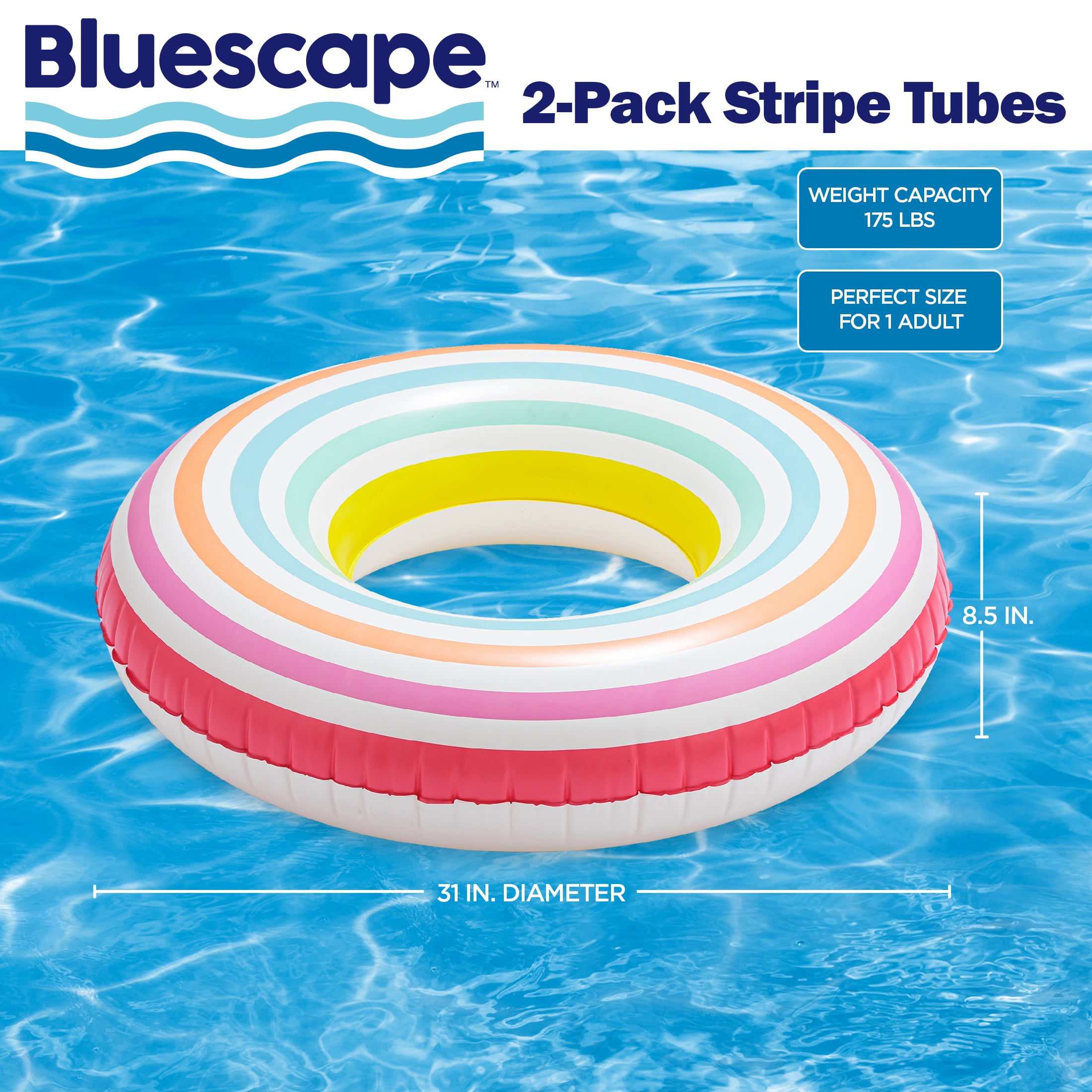 Bluescape Inflatable Stripe Swim Tube Pool Float 2-Pack, Multicolor Stripes, Age 9+