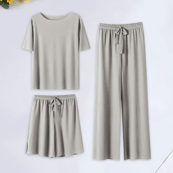 SHITINN Summer New Ice Silk Pajamas Set Women's Short Sleeved Shorts Wide Leg Pants Solid Color Home Three Piece Set Can Be Worn Loosely Pajama Set Long Sleeve Pajamas Women Soft Pajamas Dresses