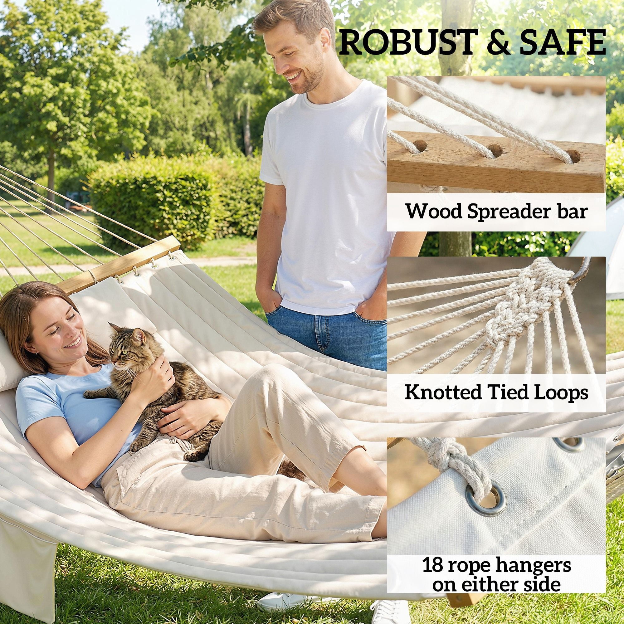 Double Quilted Hammock with 160g Padding, Beechwood Spreader Bars, Detachable Pillow, Magazine Pocket, 440 lbs Capacity for Patio Balcony