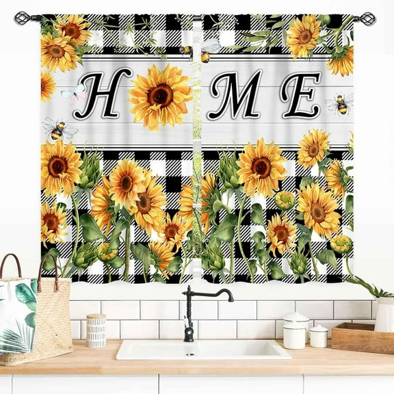 Sunflower Curtains for Kitchen, Rusitc Country Yellow Flower Printed Farmhouse Style Buffalo Plaid Checkered Patterned Rod Pocket Bedroom Living Room Home Small Short Window Curtains, 55x39 Inch