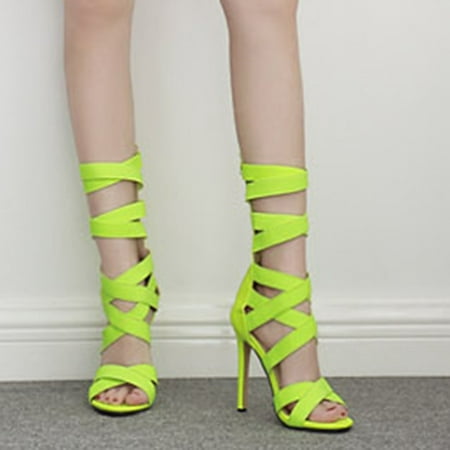 

EQWLJWE Womens Gladiator Calf High Sandals Open Toe Lace Up Cross Strappy Stiletto Heels
