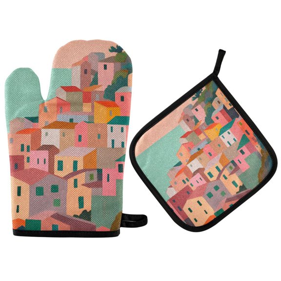 Yayeee Oven Mitts and Pot Holder Set of 2 Heat Resistant Kitchen Gloves Baking Hot Pad, Cityscape Painting