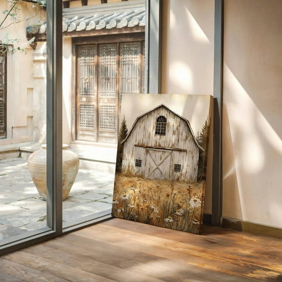 Velto Rustic White Barn and Daisy Field Canvas Wall Art | Vintage Farmhouse Floral | Neutral Country Decor for Kitchen or Entryway, SIZE 8x10 INCLUDE Pine Wood Frame 0.75-Inch