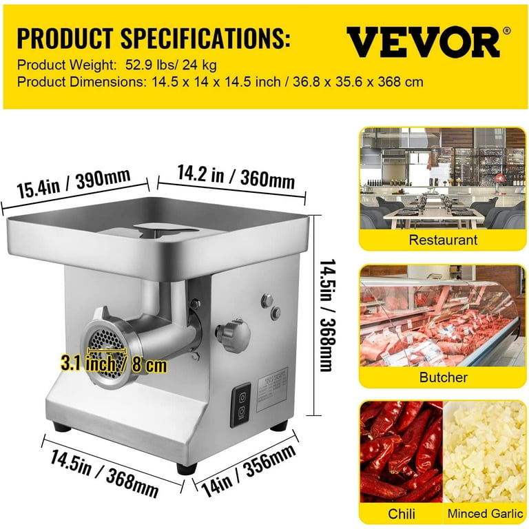 VEVOR 1100-Watt Silver Electric Meat Grinder 550 lbs./Hour Commercial