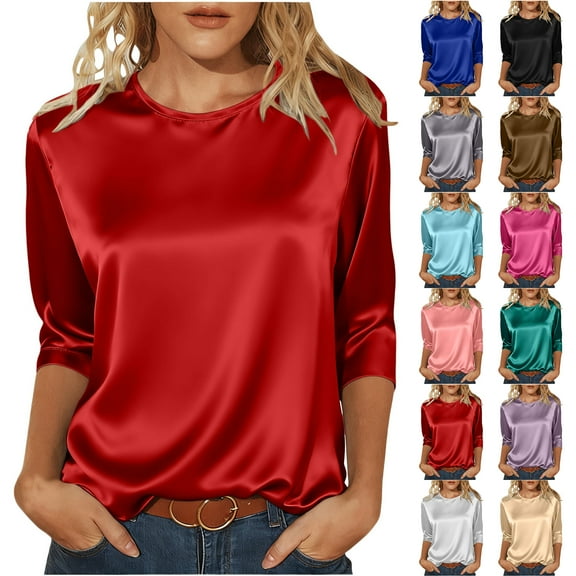 Otntypg Stain Silk Blouse for Women Dressy Casual 3/4 Length Sleeve Crewneck Stretch Work Business Tunic Shirts Loose Lightweight Cozy Pullover Tops Gray M