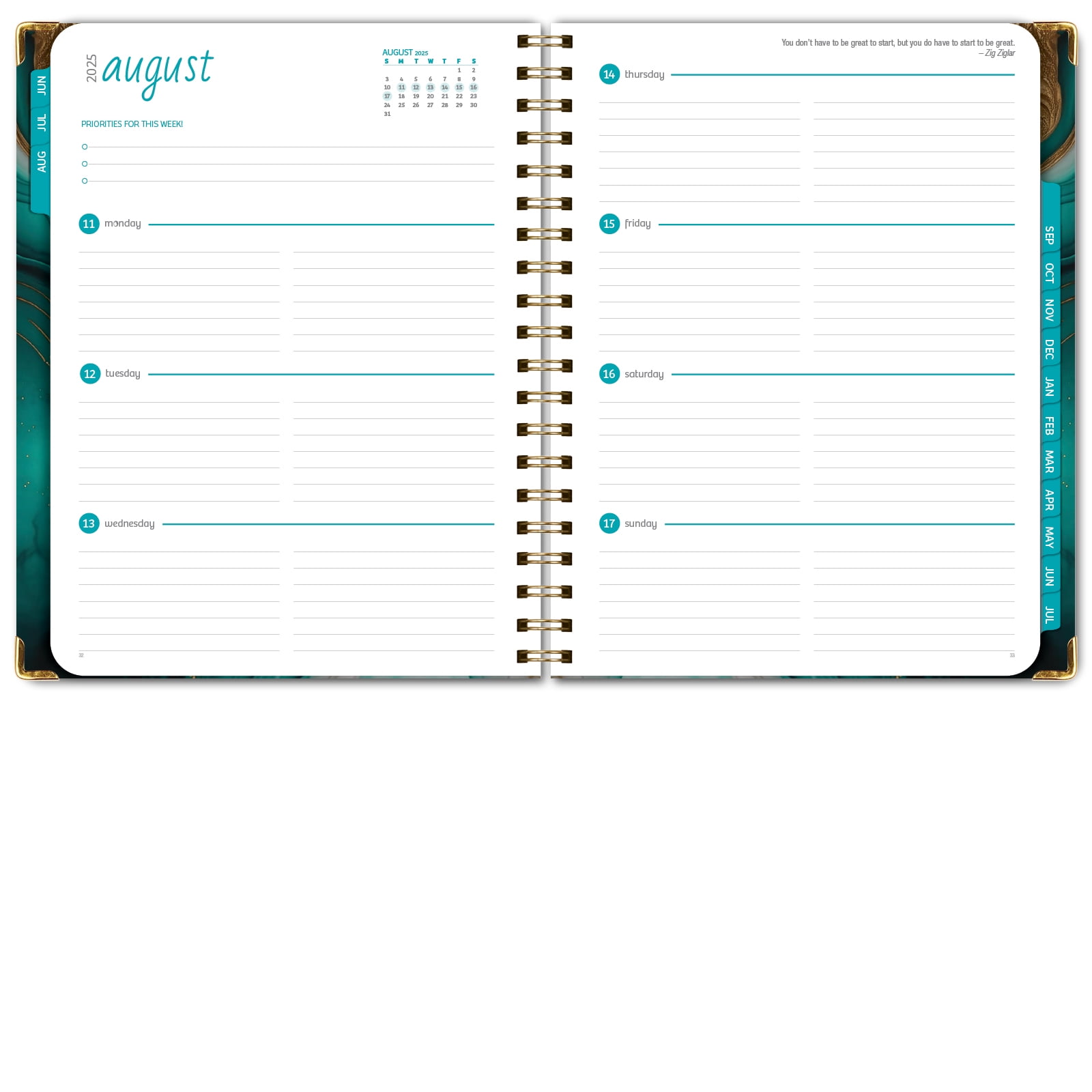 Academic Year 2025-2026 Planner, June 2025 - July 2026, 8.5"x11" Daily Weekly Monthly Planner Yearly Agenda, Hardcover, Bookmark, Pocket Folder and Sticky Note Set (Teal Gold Marble)