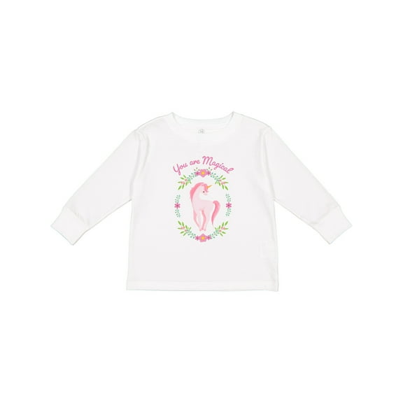 Inktastic You Are Magical Pink and White Unicorn with Flowers Boys or Girls Long Sleeve Toddler T-Shirt
