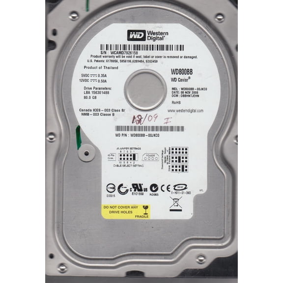 WD800BB-00JKC0, DCM DBBHNTJEHN, Western Digital 80GB IDE 3.5 Hard Drive