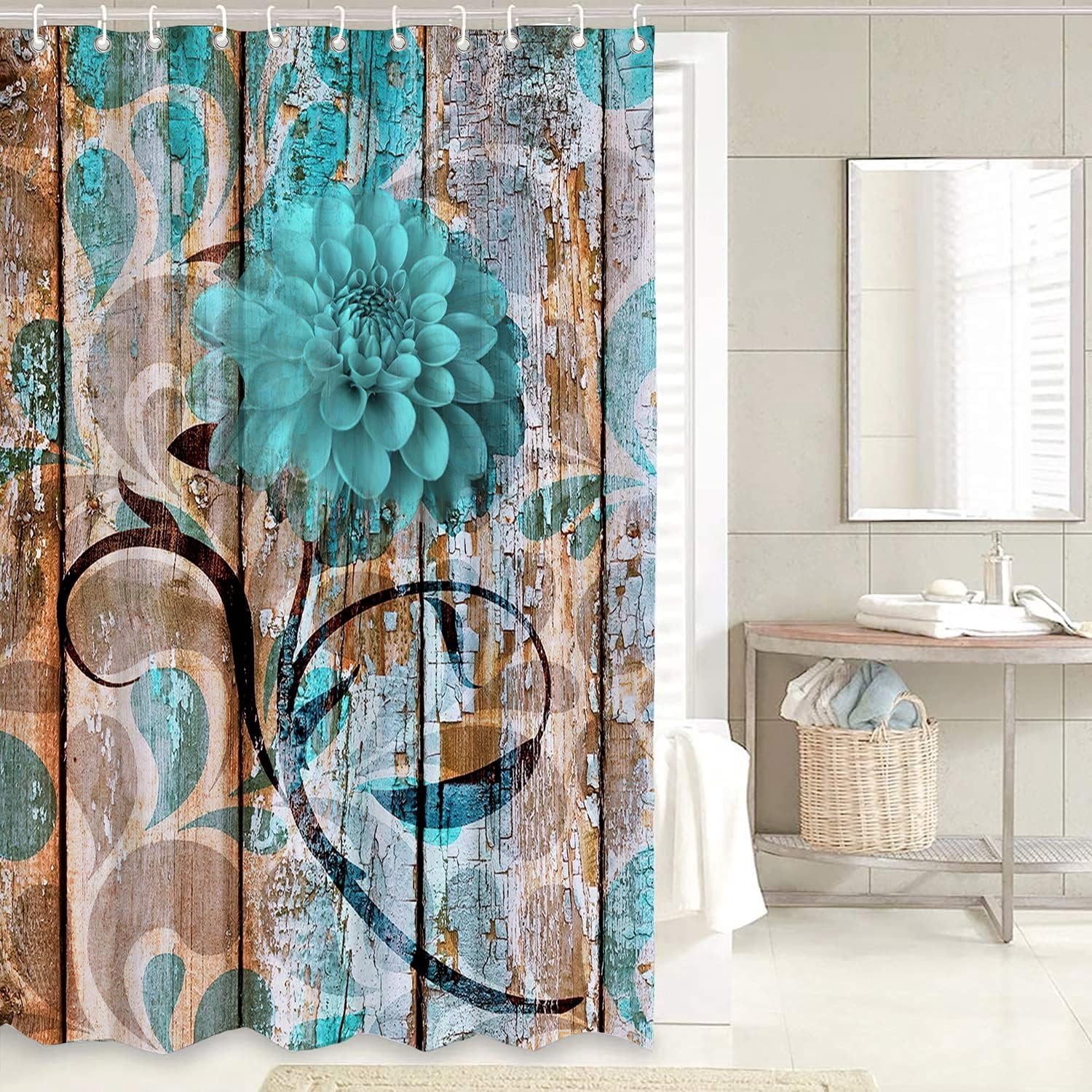 4 Pcs Rustic Teal Daisy Floral Shower Curtain Sets with Rugs, Toilet Lid Cover Bath Mat, Farmhouse Floral Flower Bathroom Curtain Set Fabric Turquoise Blue Flower on Grey Wooden Curtains…