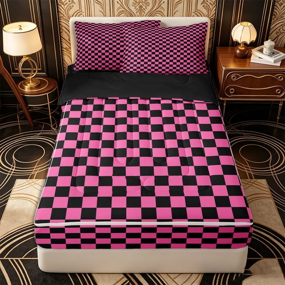 Erosebridal Retro Checkered Pattern Zipper Twin Comforter Sets with Fitted Sheet and 2 Pillowcases,Square Grid Print Zipper Bedding Set,Hot Pink Black,Black Reversible