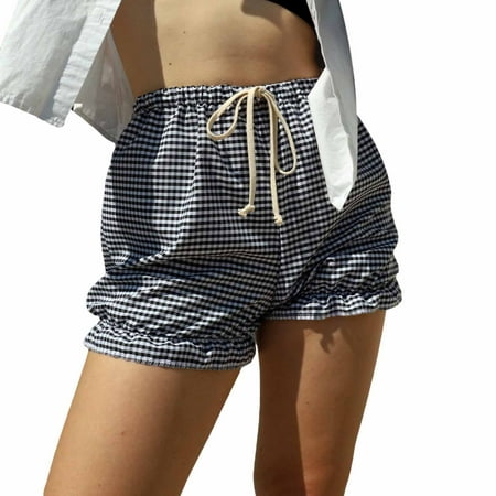 Aojekbee Women s Fashion Bloomers Shorts Plaid Ruffles Drawstring Elastic Waist Short Pants Summer Casual Shorts