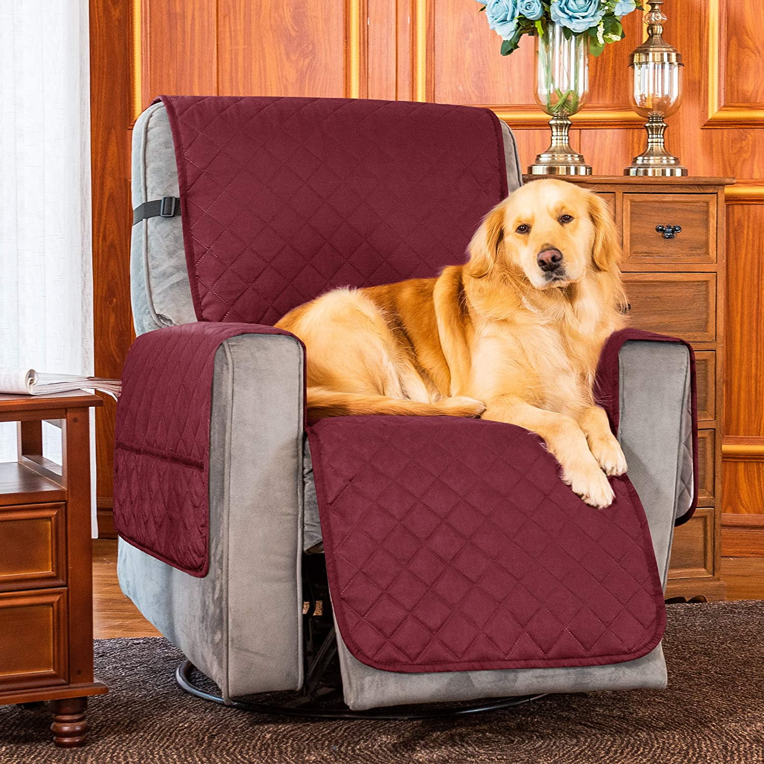 Subrtex 1-Piece Reversible Quilted Recliner Chair Cover with Elastic Adjustable Strap,Small, Wine