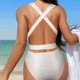 thumbnail image 4 of Trajes de Baño de Bikini de Mujer Color Sólido Glitter V Cuello Encaje Arriba sin Espalda Ajustado, Nylon para la Piscina de Playa Y Verano, 4 of 8