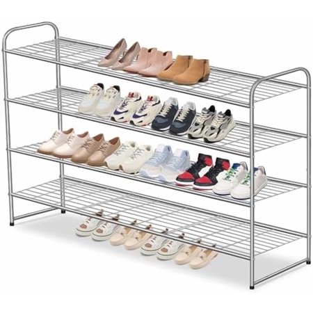Long 4 Tier Shoe Rack for Closet Metal Wide Shoe Storage Organizer for Entryway Bedroom Floor Holds 30 Pairs Men Sneakers Stackable Boot Shelf with Wire Grid Grey