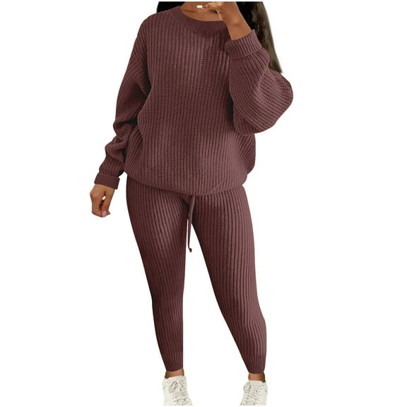 YUGYXL Women's Sweater Set 2 Piece Outfits Long Sleeve Knit Crew Neck Pullover Top Drawstring Pants Yoga Leggings Loungewear Coffee XXXXL