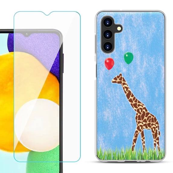 Slim-Fit TPU Fashion Phone Case for Samsung Galaxy A13 5G, with Tempered Glass Screen Protector, by OneToughShield ® - Giraffe/Balloon