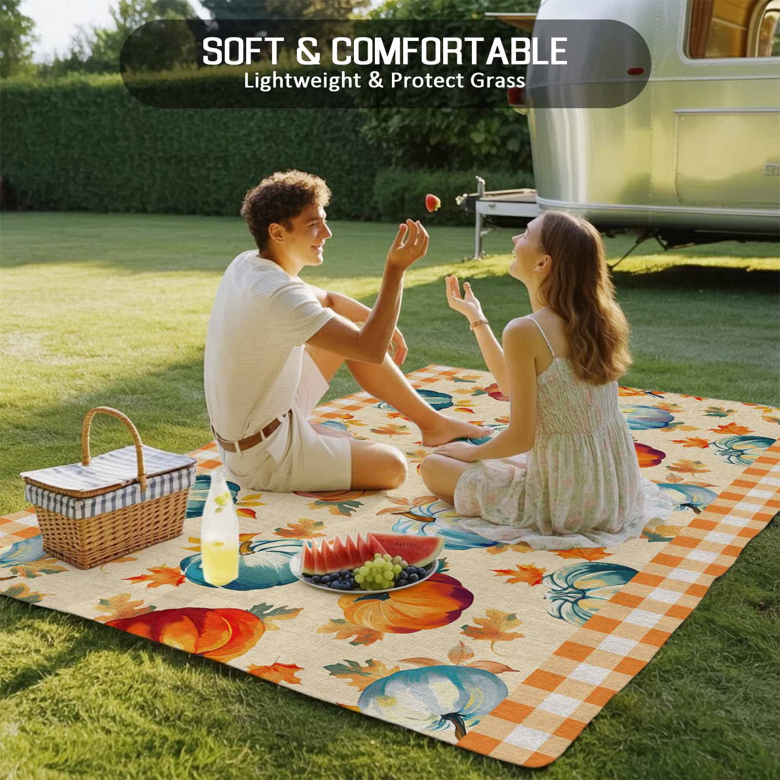Fsddascl Fall Orange Blue Pumpkins Outdoor Rug for Patio/Deck/Porch, Non-Slip Large Area Rug 5 x 8 Ft, Orange Plaid Thanksgiving Indoor Outdoor Rugs Washable Area Rugs, Reversible Camping Rug Carpet