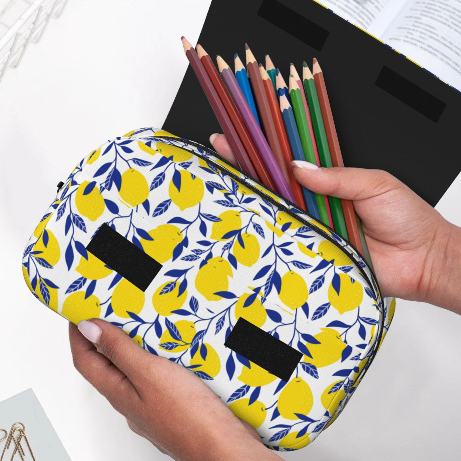 Rateoe Tropical Lemon Pattern Double Clamshell Pen Case, Storage Organizer with Two Zipper Compartments– Holds Up to 50 Pencils & Pens