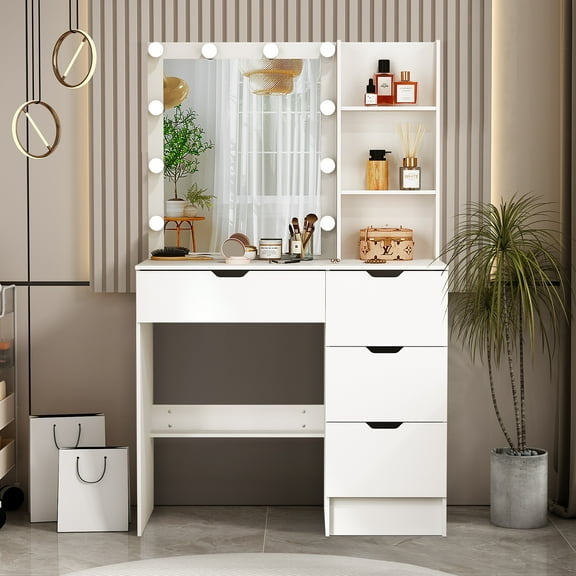 Ciumeeo Makeup Vanity Set with LED Lighted Mirror Dressing Table with Drawers for Women, White