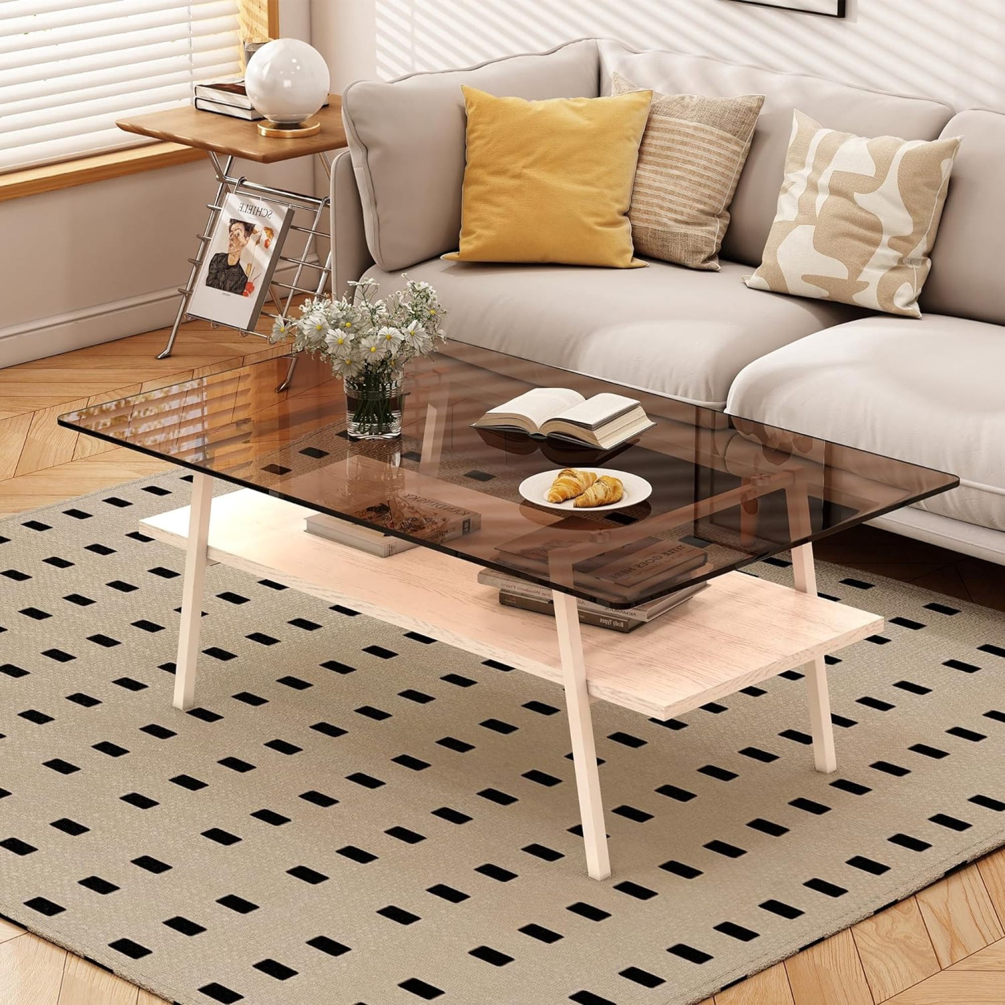 BJSN Glass Coffee Table for Living Room Small Gold Mid Century Coffee Table for Living Room with Wood Shelves (Black Frame, Transparent Glass   Brown Wood),Brown Glass   White Wood