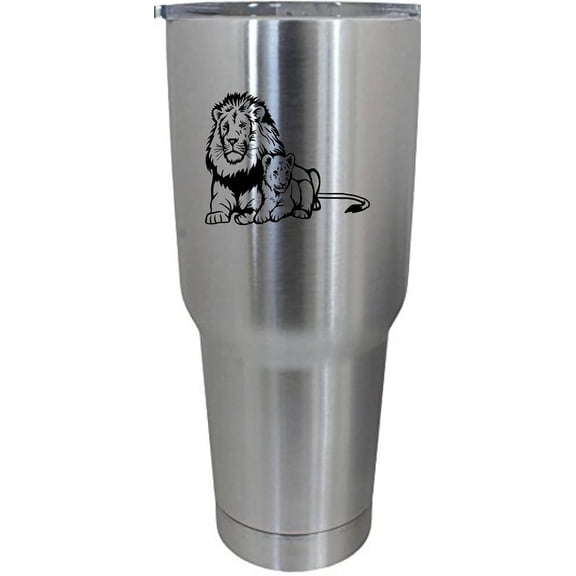 Lion with Baby Zoo Animal Themed Etched 30oz Stainless Steel Tumbler
